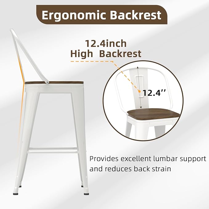24” Swivel Bar Stools Set of 4, Counter Height Bar Stools Wooden Seat, Metal Industrial Bar Chairs with High Back for Kitchen Island (White)