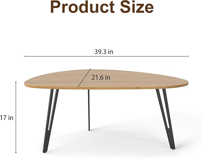 Manora Modern Mid Century Coffee Table, Oval Triangle Wood Center Table with Sturdy Metal Legs, Stylish Living Room Accent Table for Small Spaces