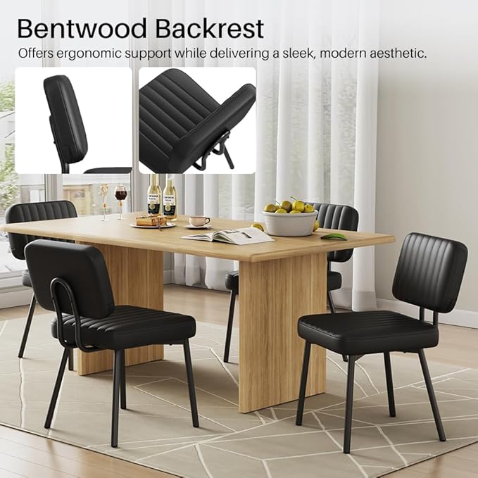 Dining Chairs Set of 4, Upholstered Mid Century Modern Kitchen Dining Room Accent Chairs with Faux Leather Cushion Seat & Metal Legs for Kitchen, Living Room (Black, Set of 4)