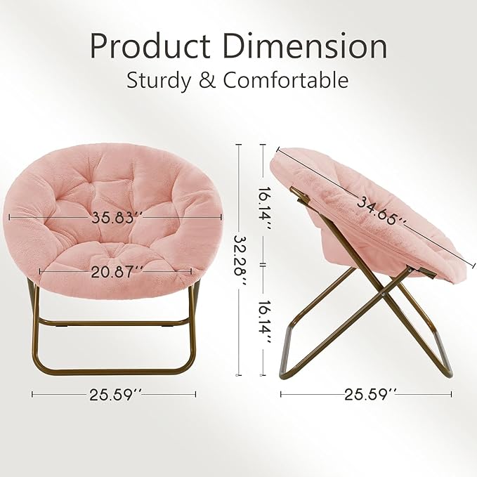 Saucer Chair Faux Fur with Soft and Thick Padded Seat Metal Frame, Modern Style Folding Cozy Chair for Living Room, Bedroom, XL, Pink