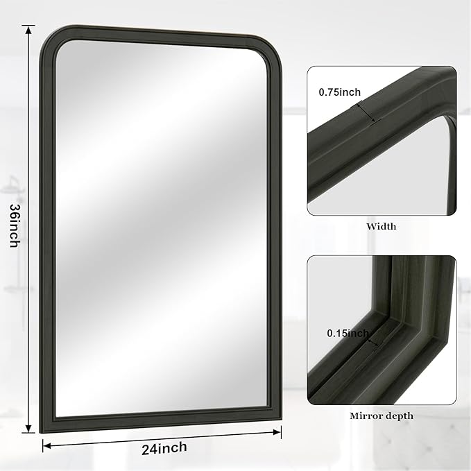 WallBeyond Wood Frame Bathroom Mirror 24" x 36" Wooden Arched Wall Mirror Farmhouse Style Bathroom Vanity Mirror for Home Decor Rectangle Mirror (Black)