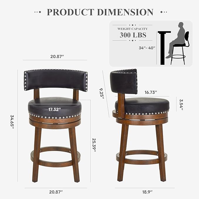 COLAMY Swivel Bar Stools Set of 2, Swivel Counter Height Barstools, 25 Inch Upholstered Barstools for Kitchen Island Dining Room Bar, Dark Brown