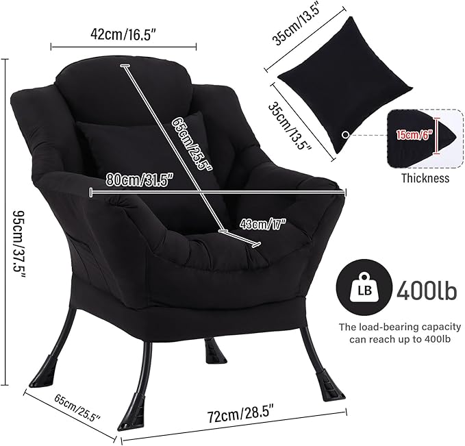 Lazy Chair with Pillow for Living Room, Modern Lounge Accent Chair with Armrests, Leisure Sofa Chair Set, Reading Chair for, Bedroom, Dorm Room, Office, Black