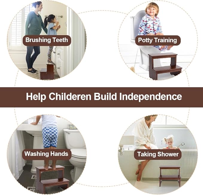 StrongTek Bamboo Two Step Stool for Adults and Kids, Bed Stepstool with Anti-Slip Bottom, Heavy Duty for Kitchen, Bathroom, Bedside Step Stool, Wooden Step Stairs 350 lbs Capacity (Dark Chocolate)