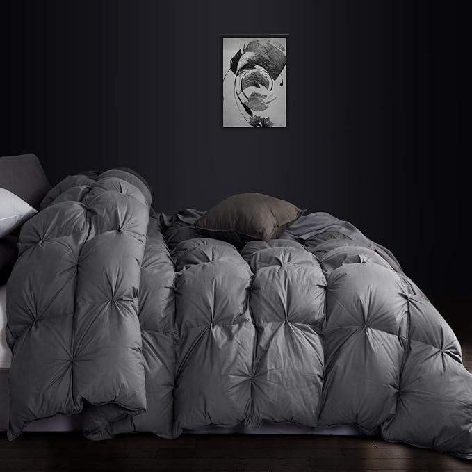 Luxurious All-Season Goose Down Feather Fiber Comforter Super King Size Duvet Insert (120x120), Exquisite Pinch Pleat Design- Gray, Premium Baffle Box, 100% Egyptian Cotton Cover, 85 oz. Fill Weight