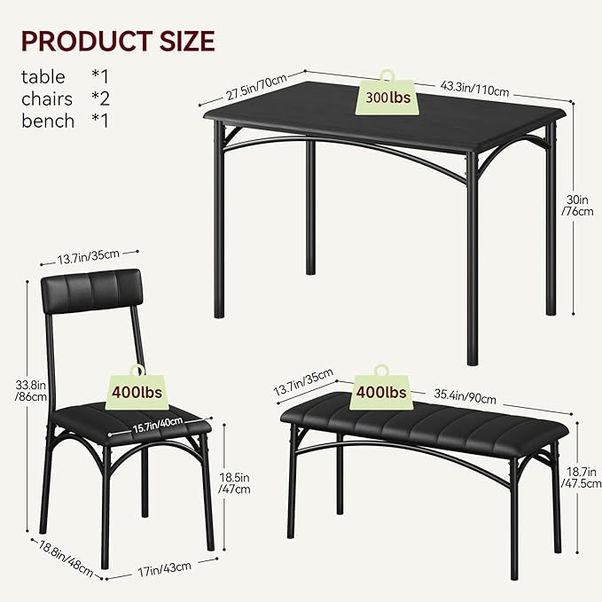 GarveeHome Dining Table Set for 4, Kitchen Table with Upholstered Chairs and Bench, Wood Rectangular Dining Table and Chairs Set for Small Space, Apartment, Dinner, Rustic Black