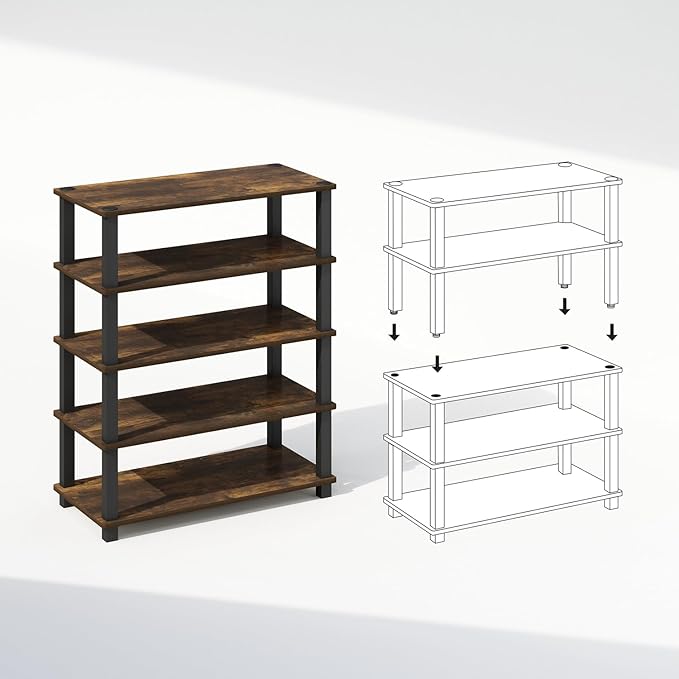 Furinno Turn-S-Tube 3-Tier Multipurpose Stackable Standing Shelves, Amber Pine/Black, Set of 2
