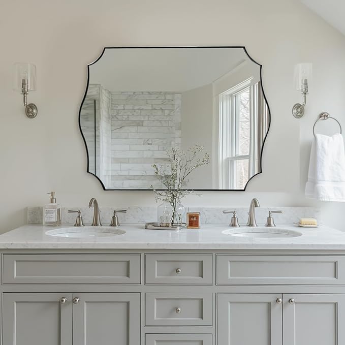 ANDY STAR Large Brushed Nickel Mirror, 30x40 Inch Scalloped Bathroom Mirror, Modern Rectangle Mirror with Unique Wavy Design, Ideal for Home Decor, Rust-Proof Stainless Steel 1" Frame