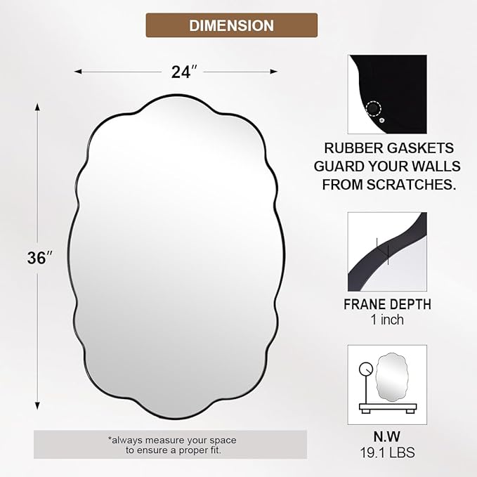 ANDY STAR Matte Black Scalloped Wall Mirror -24x36 Irregular Bathroom Vanity Mirror for Vanity, Living Room & Entryway, Anti Rust Stainless Steel Wall Mount Horizontal or Vertical