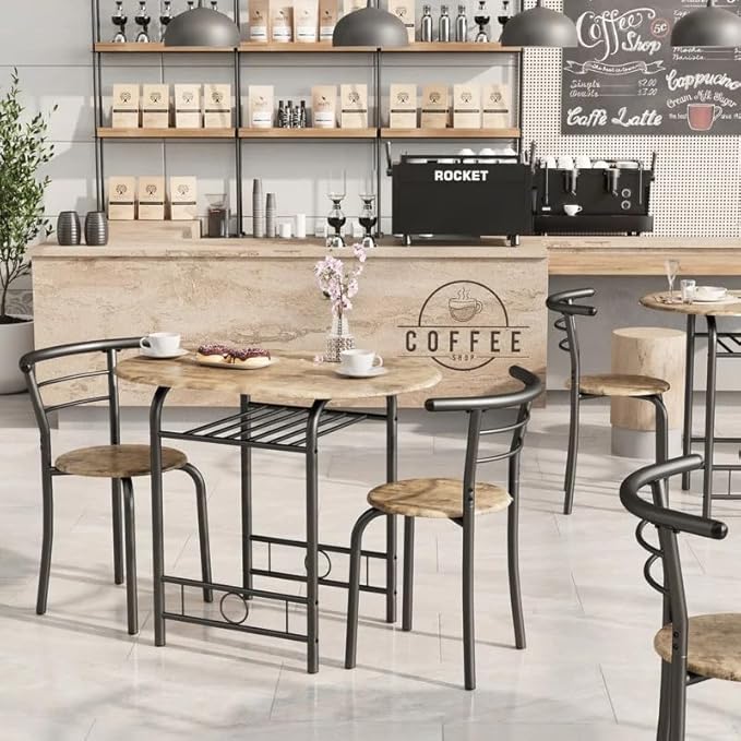 Shahoo 3-Piece Wooden Dining Table Set, Kitchen Breakfast Nook Sets with 2 Chairs & Round Tabletop, Space Saving Furniture Metal Frame and Built-in Wine Rack, Walnut
