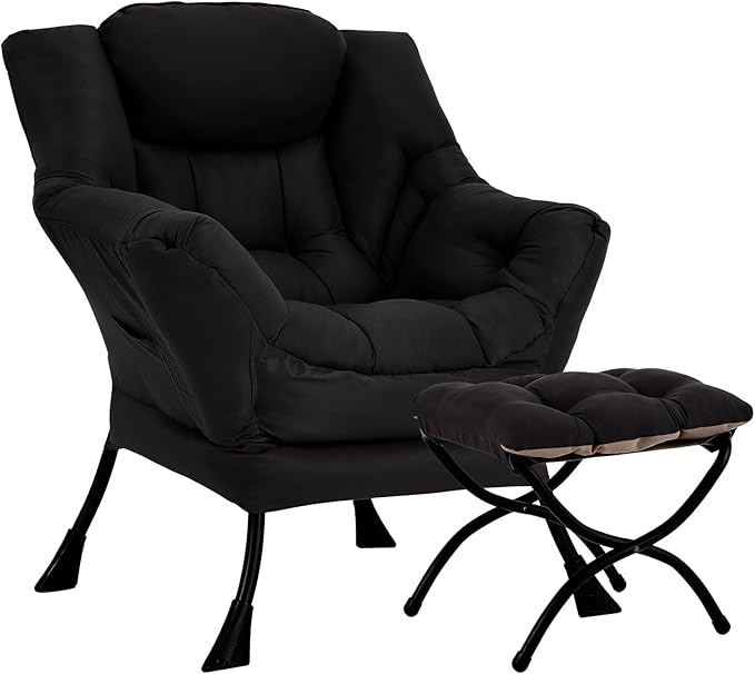 Lazy Chair with Ottoman, Large Modern Lounge Accent Chair with Armrests and Footrest, Reading Armchair with Ottoman, Leisure Sofa Chair for Living Room, Bedroom, Dorm Room, Office（Black）