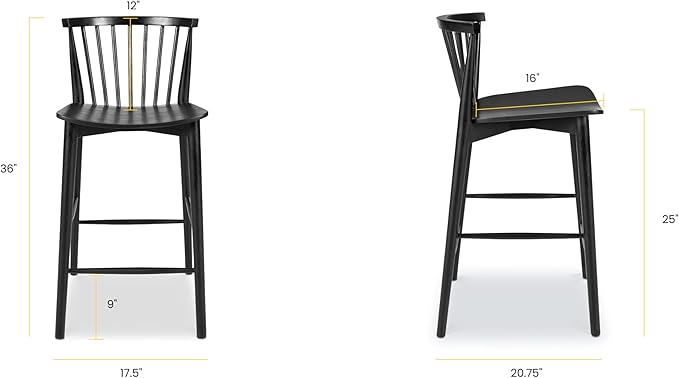 POLY & BARK Ligna Counter Stool Black – Mid-Century Inspired Stool with Sculpted Spindle Back – Solid American Oak Frame and Engineered Wood Veneered Seat – Fully Assembled and Ready to Use