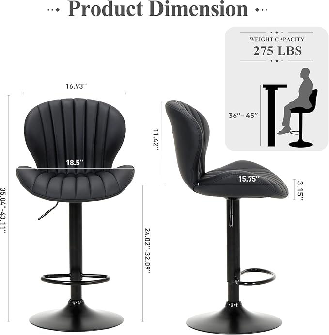 COLAMY Bar Stools Set of 1, Modern Swivel Bar Chairs, Adjustable Faux Leather Upholstered Barstools Counter Height with High Backrest for Bar, Kitchen Island, Dining Room, Black