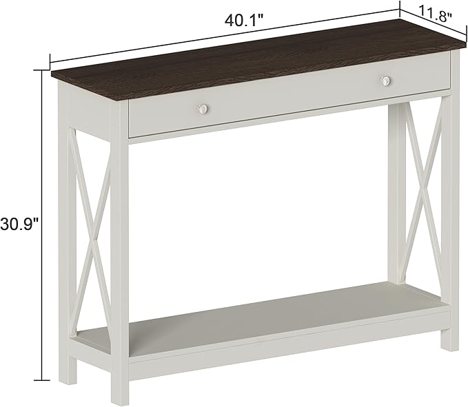 Treocho Farmhouse Console Table with Drawer and Storage Shelves, Foyer Sofa Table Narrow for Entryway, Living Room, Hallway, Antique White & Brown