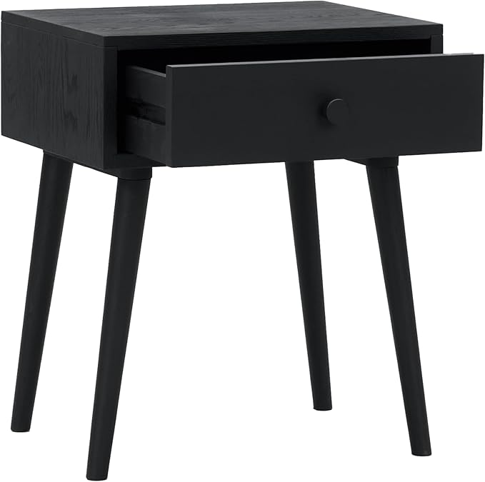 NTC Solid Oak Lux Nightstand with Drawer, Mid Century Modern Side Table Bedroom, Bedside Furniture, Night Stand, End Table, Easy Assembly - Burnt Black