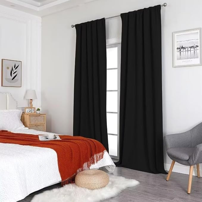 Joydeco Natural Linen Curtains 120 inch Length 2 Panels Set Burg 100% Blackout Patio Door Curtain Room Darkening Sliding Door Curtains Thermal Insulated Back tab Rod Pocket(105x120 inch, Black)