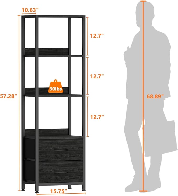 Furnulem 4-Tier Corner Shelf, Bookshelf with 2 Storage Drawers, 57.28”Tall Narrow Bookcase, Standing Shelf Organizer Unit for Living Room, Bedroom, Metal Frame, Wood Display Shelf