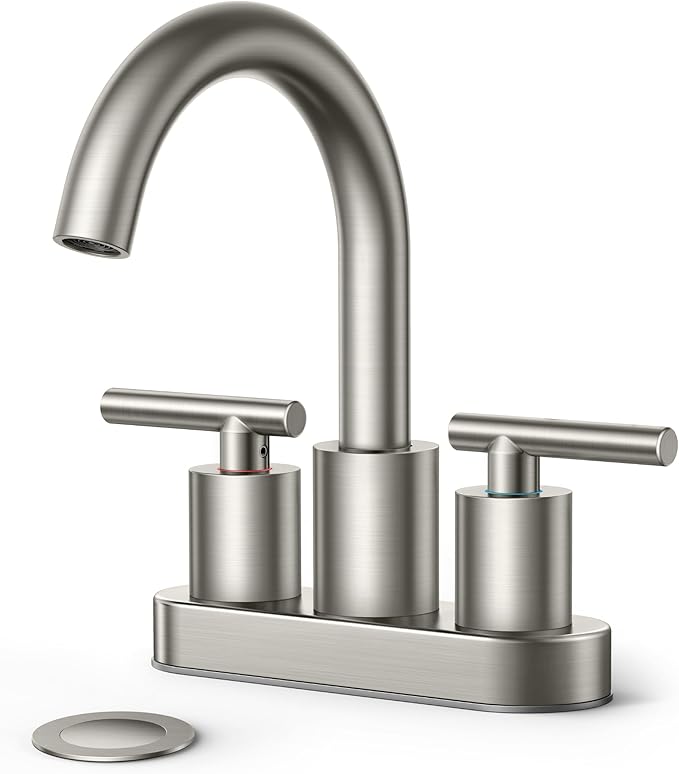 FORIOUS Brushed Nickel Bathroom Faucet 2 Hole, 4 Inch Centerset Bathroom Sink Faucet Brushed Nickel with Metal Dain, 24" CUPC Hoses, 360° Swivel Gooseneck for RV Basin