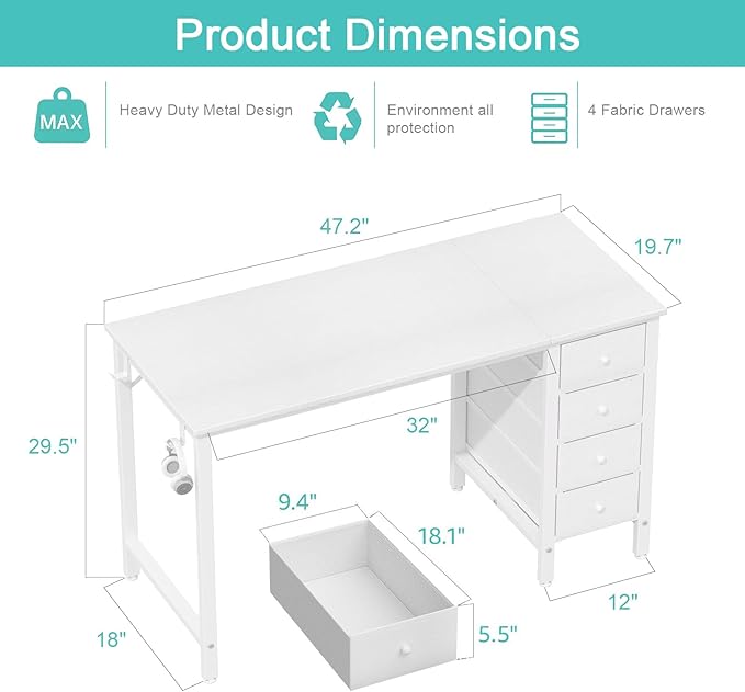 Lufeiya White Computer Desk with Fabric Drawers, 47 Inch Reversible Study Work Writing Desk for Home Office Bedroom, Simple Modern Cute PC Desks with Drawer, White