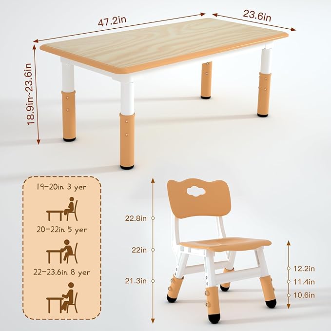 Kids Table and 6 Chairs Set，Height Adjustable Children Table & Chair，Toddlers Study Multi-Activity Table with 47.2"x23.6" Wipe-Clean Desktop，for Classrooms, Homes & Daycares