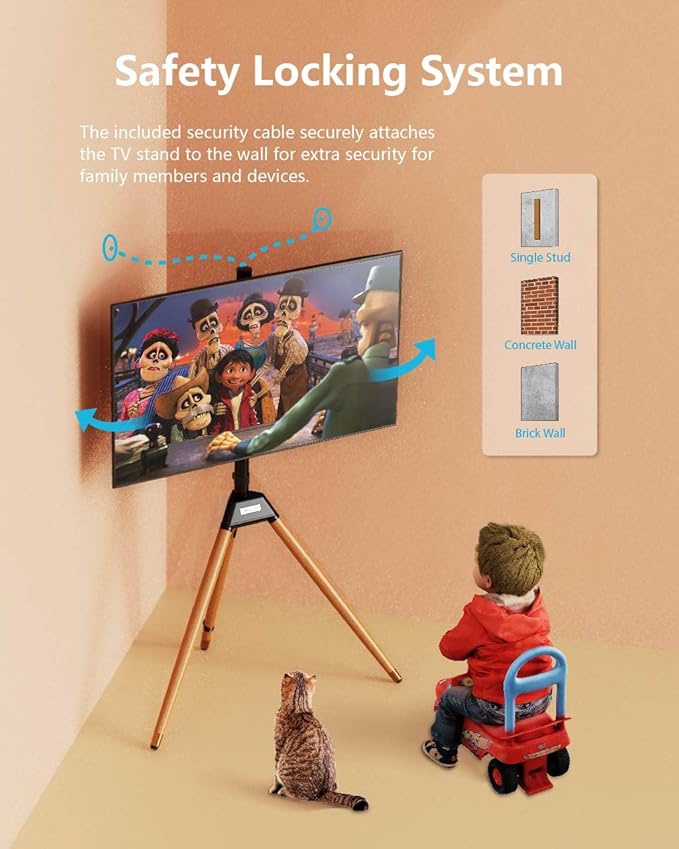 Tripod TV Stand for 32-75 Inch Screen up to 77lbs, Height Adjustable Easel TV Floor Stand with Wood Legs and Cable Ties