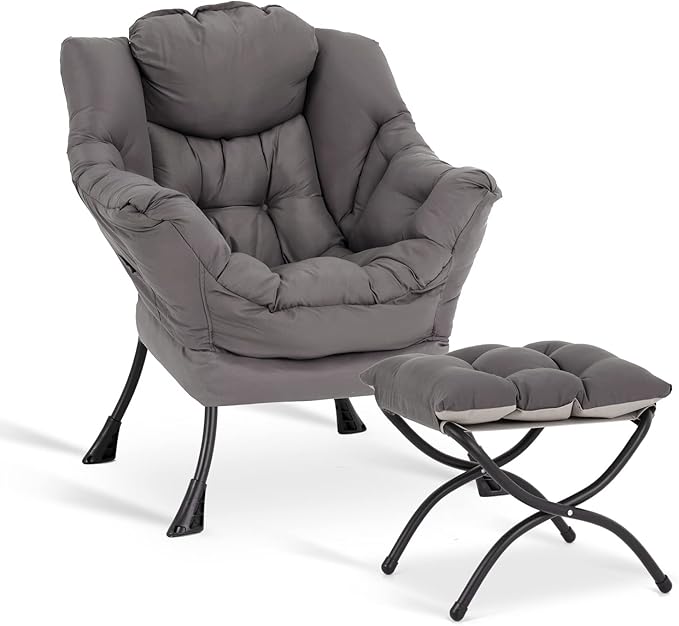 LITA Lazy Chair with Ottoman, Modern Accent Leisure Upholstered Lazy Sofa Armchair, Contemporary Lounge Reading Chair with Armrests and a Side Pocket for Living Room, Bedroom & Small Space, Dark Grey