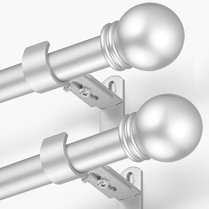 Curtain Rods for Windows 16 to 120 Inches, Curtain Rod Max Adjustable Length of 132 IN, 6/8" Diameter Drapery Rods Round Finials, Satin Silver, Pack of 2