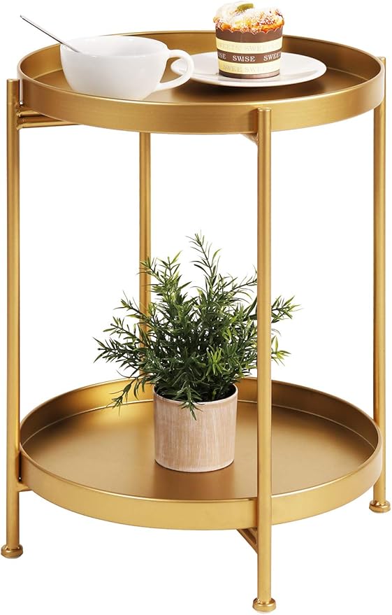 Tiita Round End Table Mental 2-Tier Side Table Nightstand/Small Iron Tables Accent Coffee Table for Living Room Bedroom Office Small Space