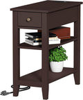 ChooChoo Narrow End Table with Charging Station, Side Table Living Room with USB Ports & Power Outlets and Hidden Drawer, 3-Tier Skinny Nightstand with 2 Open Storage Shelves For Small Place(Espresso)