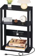 3-Tier Small Narrow Wood Side Table with Charging Station, Skinny Nightstand for Small Space, Slim Bedside Table with Storage for Couch, Thin End Table with USB Ports and Outlets, Black