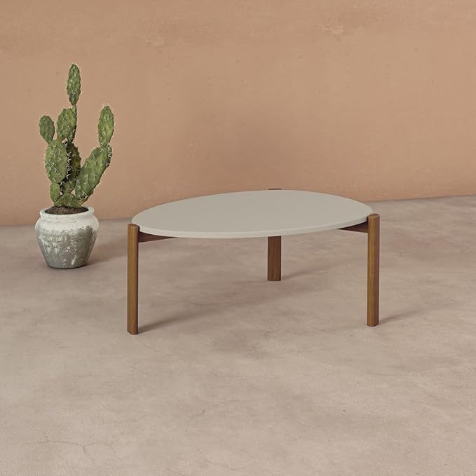Manhattan Comfort Gales Mid Century Modern Coffee Table with Oval Triangle Shaped Top, Accent Furniture for Living Room Made from Solid Eucalyptus Wood, Off White