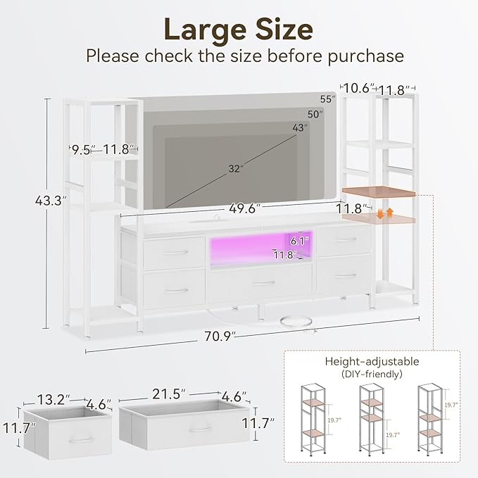 Casaottima 71" TV Stands for 43, 50, 55 Inch TV Entertainment Center with LED Lights and Power Outlets, TV Stand for Living Room with 5 Fabric Drawers & Shelf, TV Console Cabinet for Bedroom, White
