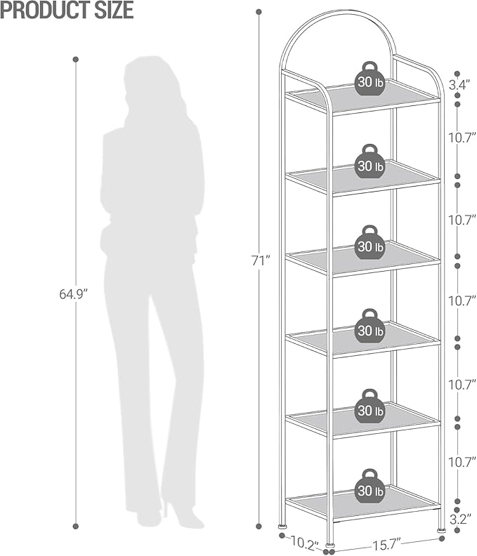 Bookcase Bookshelf, Tempered Glass Bookshelves, Slim Shelving Unit for Bedroom, Bathroom, Home Office, Steel Frame, 6 Tier Black BC10601B