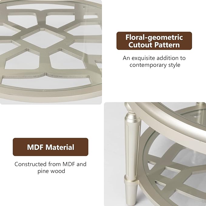 COSIEST Glass Coffee Table, 32" Round Coffee Tables with Storage, 2-Tier Glass Top, Clear Coffee Table, Simple & Modern Center Table for Living Room or Home Office (Champagne)