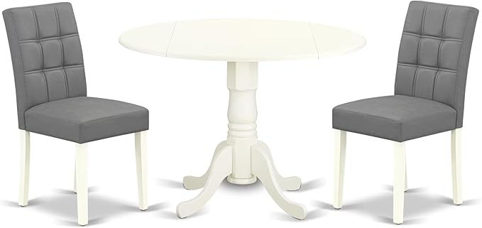 East West Furniture DLAS3-WHI-41 3 Piece Dining Table Set consists A Wooden Table and 2 Platinum Gray Polyester Fabric Kitchen Chairs with Stylish Back- Linen White Finish