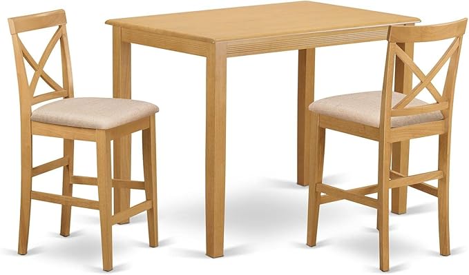 East West Furniture YAPB3-OAK-C 3 Piece Kitchen Counter Set for Small Spaces Contains a Rectangle Dining Room Table and 2 Linen Fabric Upholstered Dining Chairs, 30x48 Inch, Oak