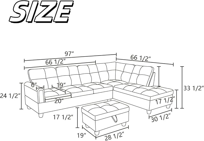NAYSAYE Sectional Couch with Ottoman Storage, L Shaped Couch Sofa Furniture Sets, Modern Comfy Modular Comfy Sofa for Living Room Bedroom, Office and Apartment, Grey
