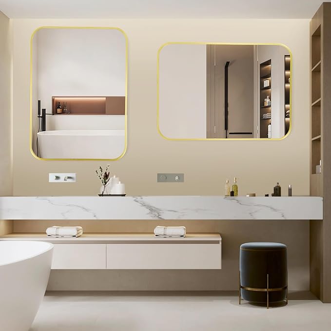 22x30 Inch Bathroom Mirror for Wall,Matte Gold Framed Rectangle Mirror with Rounded Corner,Aluminum Alloy Framed Brushed Wall Mirror for Bedroom or Living Room,Vertical or Horizontal