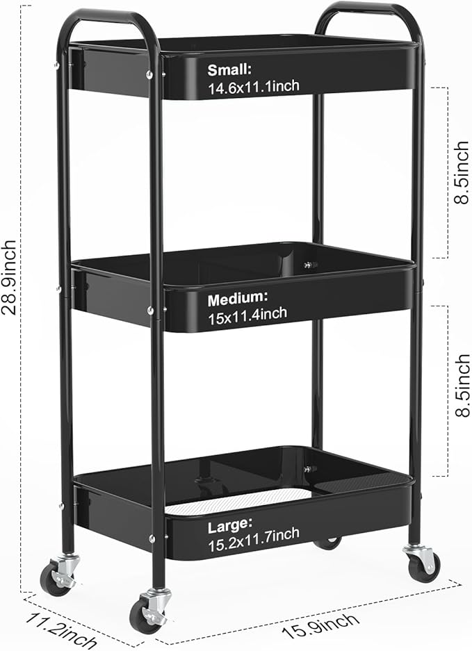 3-Tier Rolling Metal Storage Cart with Wheels, Multi-Functional Organizer for Office, Kitchen, Bathroom, Books Diapers - Easy Assembly (Black)
