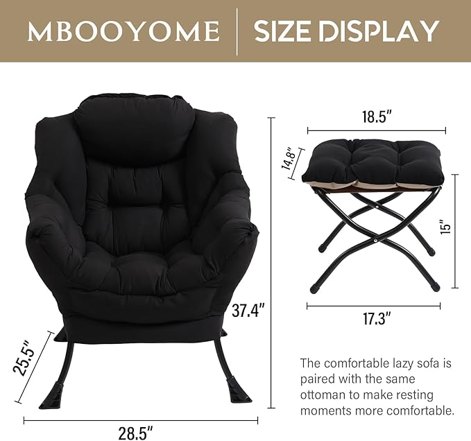 Lazy Chair with Folding Ottoman, Modern Accent Lounge Armchair with Armrests and a Side Pocket & Foldable Footstool, Leisure Reading Chair for Living Room, Bedroom, Dorm & Office, Black