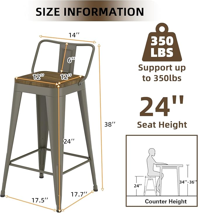Rusty Bar Stools Set of 4, Metal Bar Stools with Wooden Seat, Modern 24”Counter Height Barstools with Low Back