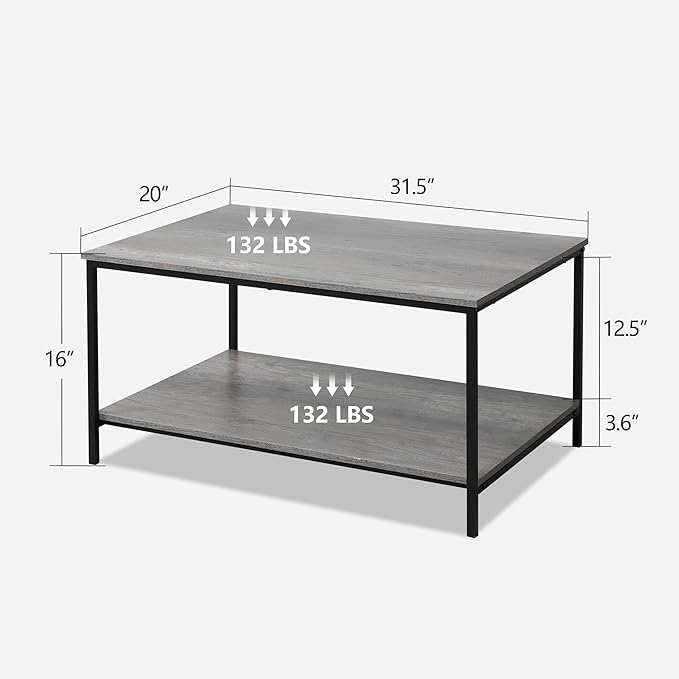 SENIG 2-Tier Coffee Table with Storage Shelf for Small Living Spaces, Grey Oak Rectangle Wood and Sturdy Metal Side End Table, Stable Metal TV Stand, Functional Center Table for Living Room