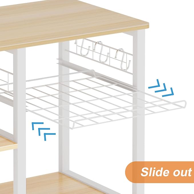 soges Kitchen Bakers Rack with 5 Hooks, Microwave Stand, Coffee Bar Station, Industrial Storage Shelf with Wire Basket, Adjustable Feet, Sturdy Metal Frame for Kitchen, Pantry, Living Room, White Oak