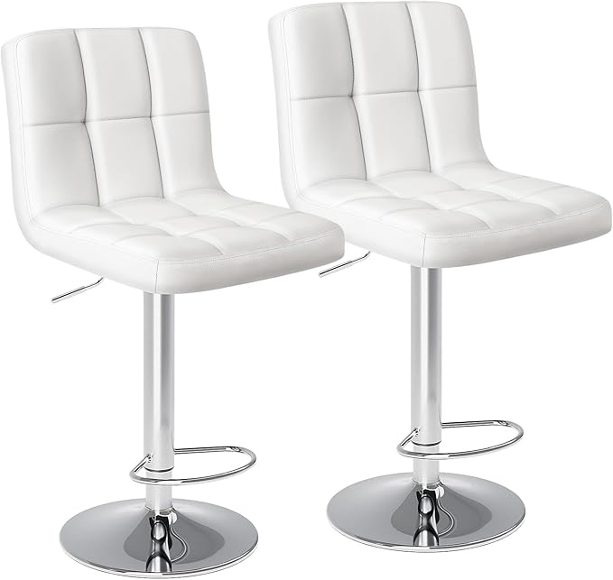 Sweetcrispy Bar Stools Set of 2, Armless PU Leather Adjustable Swivel Barstools, Hydraulic Kitchen Counter Height Thickened Seat Cushion Square Island Countertop Chairs with Back - Modern White