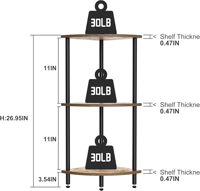 3 Tier Corner Shelf,Corner Bookcase for Small Spaces, Display Shelf,Narrow Bookshelf,Rustic Brown and Black,Suitable for Bedroom,Living Room,Kitchen