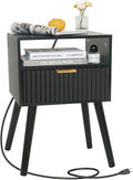 Black Nightstand with Charging Station, Mid Cetury Modern Nightstand with Drawers, Fluted End Side Table with Solid Wood for Bedroom, Dorm and Small Space (Black)
