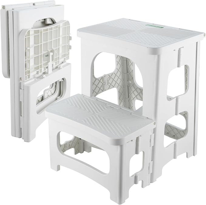Folding 2-Step Stool for Adults Kids Non-Slip Collapsible Portable Step Stool for Kitchen Home Toilet Bedroom Office Bathroom Rv,Holds 300 Lbs(White)