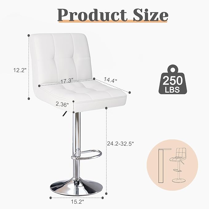 Sweetcrispy Bar Stools Set of 4, Armless PU Leather Adjustable Swivel Barstools, Hydraulic Kitchen Counter Height Thickened Seat Cushion Square Island Countertop Chairs with Back - Modern White