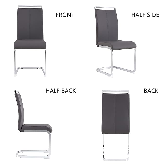 Dining Chairs Set, Kitchen Modern Metal Chairs with Faux Leather Padded Seat High Back and Sturdy Chrome Legs, Chairs for Dining Room (Grey, Set of 4)