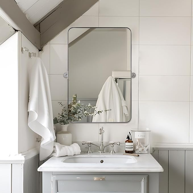 MOON MIRROR Polished Chrome Pivot Mirror for Bathroom, Tilt Bathroom Vanity Mirror,Rounded Rectangle Pivoting Mirror, Overall 24.33 x 30 in (Mirror 20x 30 in)